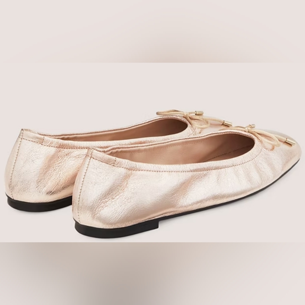 New Stuart Weitzman Bardot Bow Women's Leather Metallic Ballet Flats Size 6.5 - Picture 3 of 10